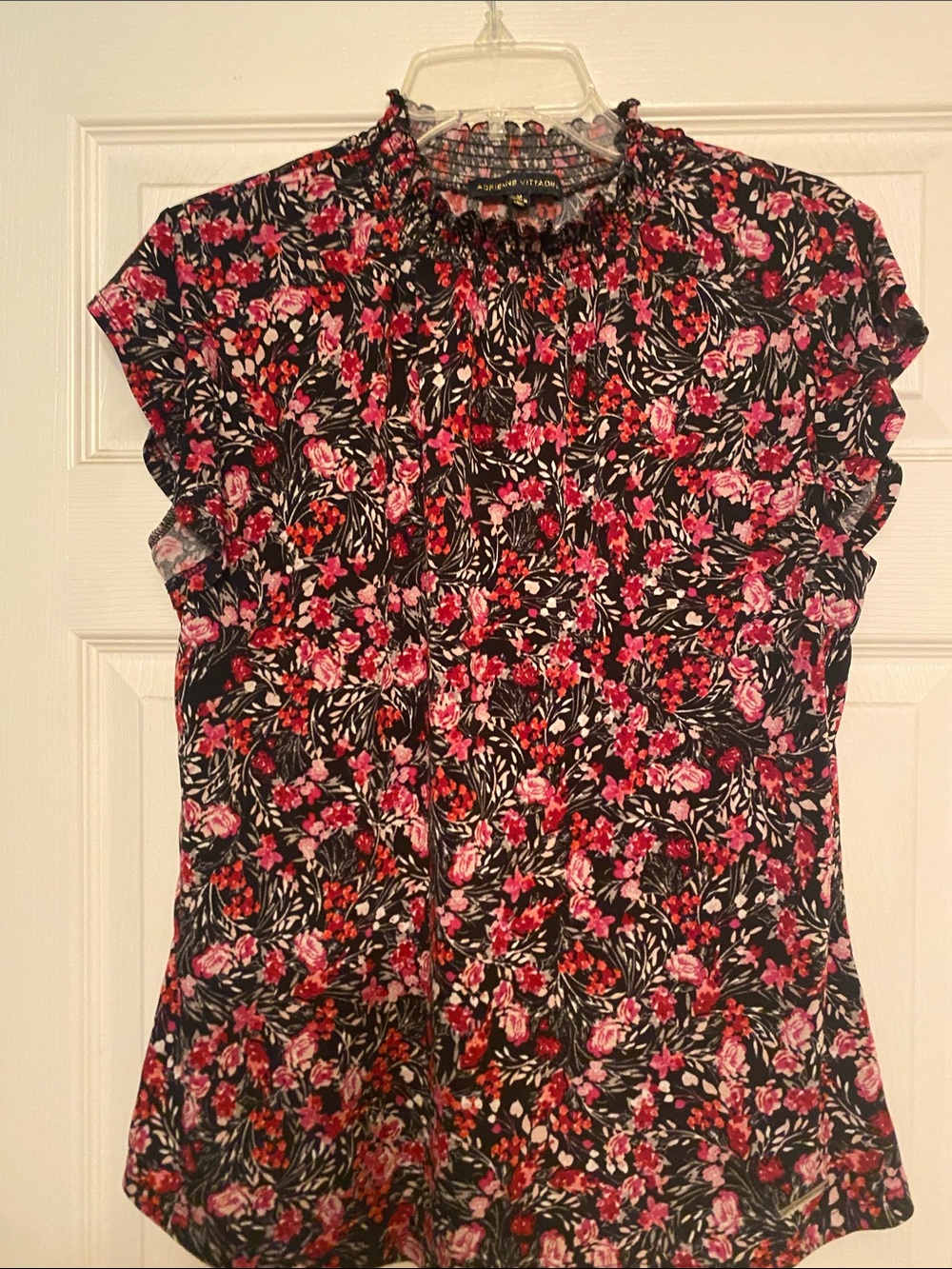 Women's Floral Ruffle Neck Cap Sleeve Top - Black with Pink Floral size medium
